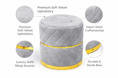 Image of Premium Velvet Puffy Ottoman Stool for Living Room | Round Footrest with Diagonal Channel Stitching & Gold Metal Base | Luxury Pouffe for Bedroom & Dressing Area (Set of 2 Light Grey)