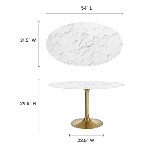 Image of Modway Lippa 54 inch Oval-Shaped Mid-Century Modern Dining Table with Artificial Marble Top and Gold Base