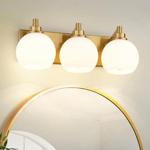 Image of Bathroom Light Fixtures, 3-Light Brushed Gold Vanity Light, Modern Wall Sconces with Milk White Globe Glass Shade, Vanity Lighting Fixtures Over Mirror, VL195-BG-ML-3