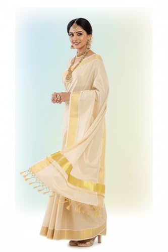 Image of Women's Kerala Tissue Plain Saree with Running Blouse| Onam & Vishu Kani Special | Traditional Kasavu White Colour