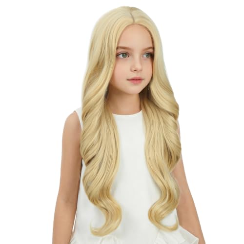 Image of Girls Light Blonde Wig Kids Long Mixed Blonde Wavy Curly Wig Girls Middle Part Wigs Heat Resistant Synthetic Wigs with Cap