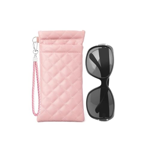 Image of Double Eyeglass Case Squeeze Top Glasses Pouch, Leather Soft Sunglasses Case with Carrying Strap