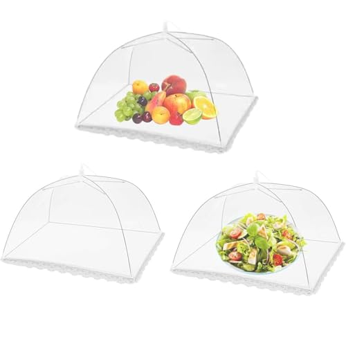 3 Pack Food Cover Mesh Screen and Collapsible Umbrella Reusable Tents for Parties Picnics BBQs Outdoors Net Pop up Covers Cake Storage Tent Keep Out Flies Bugs Mosquitoes - 14 Inch