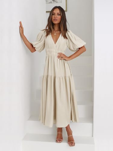 Women's Deep V-Neck Puff Short Sleeve Tiered Maxi Dress Flowy A Line Midi Dresses4