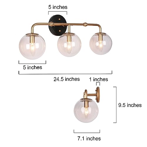 Image of classy leaves Black Gold Bathroom Light Fixtures, 3-Light Vanity Lights for Bathroom with Seeded Glass Globes, Modern Bathroom Vanity Light Fixtures Over Mirror
