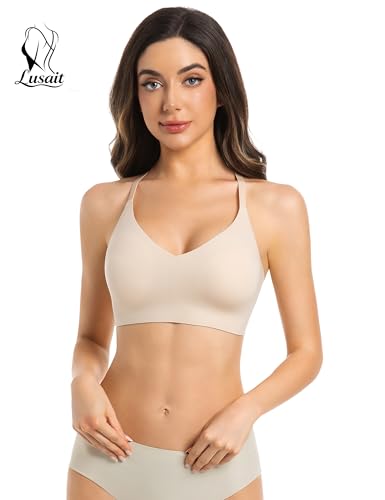 Image of Lusait Lace Bralettes for Women Full Coverage Sexy No Underwire Deep V Racerback Bra Comfort Padded Bras
