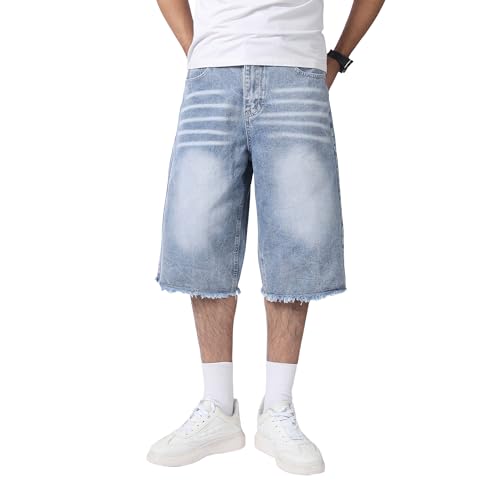 JUNBAOSS Men's Baggy Jean Shorts Y2K Casual Vintage Wide Leg Skater Denim Shorts Fashion Comfy Loose Fit Long Streetwear Hip Hop Summer Jorts Denim Shorts Below Knee, Blue 901, Size 34