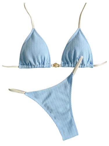 SOLY HUX Women's Halter Triangle Bikini Set Contrast Binding Thong Bathing Suit Two Piece Swimsuit