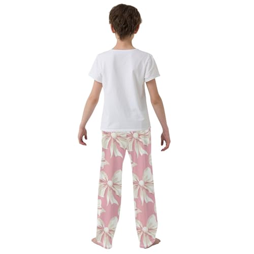 Pajama Bottoms, White Bows Pajamas Pant Sleep Long Pants Pink Lounge Wear Elastic Waist Sleepwear Pjs3