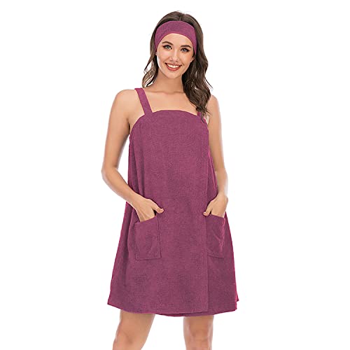 Verve Jelly Women's Wrap Towel Cotton Adjustable Robe for Spa Gym Pool with Pocket Facial Headband Purple Small