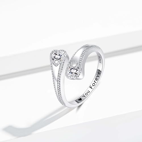 925 Sterling Silver Adjustable Heart Birthstone Rings for Women Open Double Love Heart Stones Rings for Mother Daughter Wife Birthday Gifts3