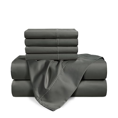 Casa Platino 100% Egyptian Cotton Sheets King Size Set - 6 Pcs (1 Flat, 1 Fitted, 4 Pillowcases)- Ultra Smooth Sateen Weave Bed Sheets Set with 15" Deep Pockets - Dark Grey