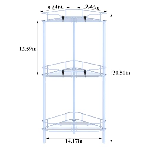 Image of HuggieGems 3 Tier Floor Standing Corner Shower Caddy Organizer Shelf with Hooks, Bathroom Shelves Stand Rack, Blue
