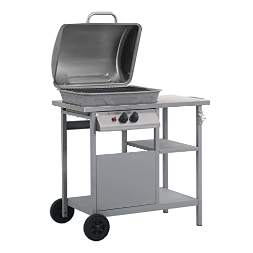 Barbacoa de gas con mesa auxiliar, 5,5 kW, carro de gas de acero inoxidable para jardín y terraza, encendido piezoeléctrico, 92 x 53 x 96 cm