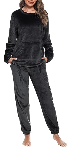 Vlazom Damen Schlafanzug Flanell Hausanzug Winter Pyjama Set Lang Zweiteiliger Schlafanzug（L,Schwarz ohne Kapuze）