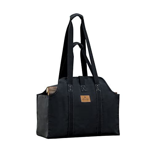 Waxed Canvas Log Carrier Tote Bag, Extra Large Durable Firewood Holder With Handles And Shoulder Strap, Heavy Duty Wood Carrying Bag For Fireplaces & Wood Stoves, Black #TOP20