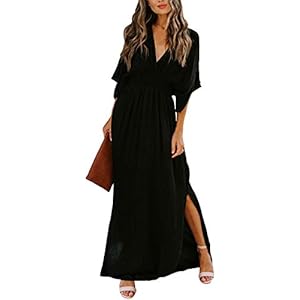 Meenew Women's Summer Casual Long Dress Plunge Neck Maxi Party Dress Black L