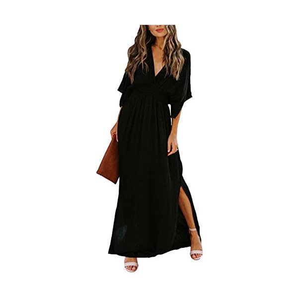 Meenew-Womens-Summer-Maxi-Dress-Party-Vacation-High-Slit-Loose-Long-Beach-Dress Meenew Women's Summer Casual Long Dress Plunge Neck Maxi Party Dress Black L