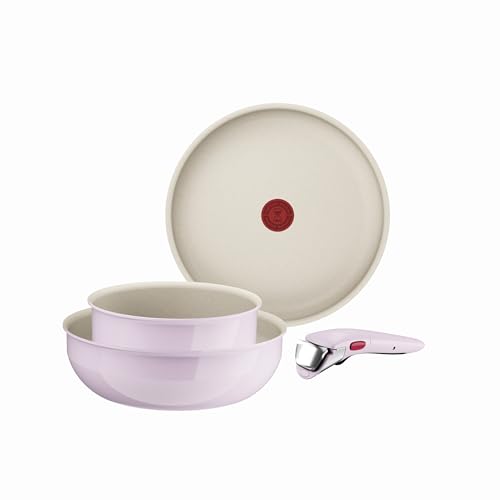 Tefal Ingenio Serenity, 4-Piece Pot and Pan Set, Wok Edition, Non-Stick Coating, Secure Removable Handle, Stackable Design, Pink Clay, L8304S04
