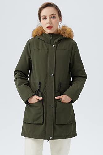 Orolay Damen-Parka mit Dickem Fleece-Futter Wintermantel Kapuzenjacke und Abnehmbarem Pelzkragen Olivgrün S