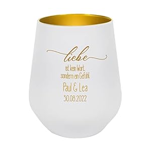 Herz & Heim® Windlicht zur Hochzeit Liebe ist kein Wort, sondern EIN Gefühl mit Wunschnamen und Datum, weiß