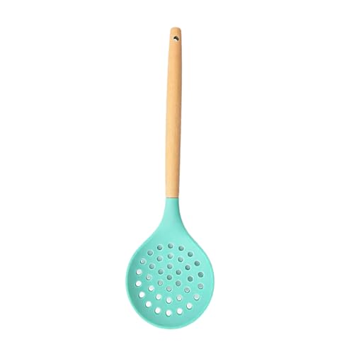 Silicone Skimmer Spoon, Non-Stick Silicone Slotted Skimmer Spoon, with Heat-Resisting Comfortable Wooden Handle, Durable Draining Spoon for Kitchen Cooking, Vegetables, Meat, 12.6 Inch(1pc, Green)