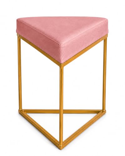 Image of Modern Velvet Triangular Vanity Stool with Gold Metal Frame | Upholstered Makeup Chair for Dressing Table | Accent Seating for Bedroom, Living Room & Home Decor-Pink