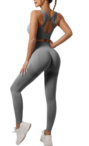 SISAY Completo Palestra Donna Estivo Push Up Tuta Sportiva Due Pezzi Pantaloni Leggings e Reggiseno Schiena Scoperta Pilates Set Abbigliamento per Allenamento Yoga Fitness Jogging Danza Activewear