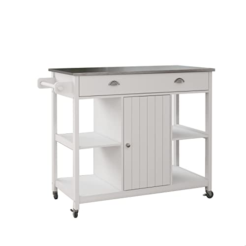 Rasoo Kitchen Island Cart Rolling Trolley Cart White Stainless Steel Top With Open Shelves And Drawers Mobile Kitchen Carts Storage On Wheel #TOP4
