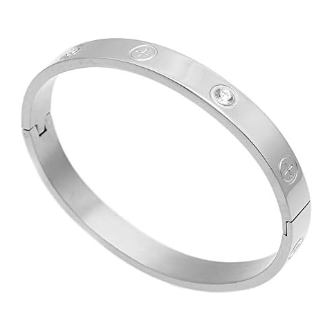 Luxury Gold -Plated Stainless Steel with CZ Stone Simple Style Love Bangle Bracelet for Women Men (Silver size 19cm) Cover