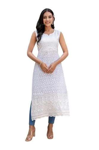 JG JAI GOVINDAM Pure Cotton Sleeveless Lucknowi Chikankari Kurtis For Women Indian Style Casual Long White Straight Kurti