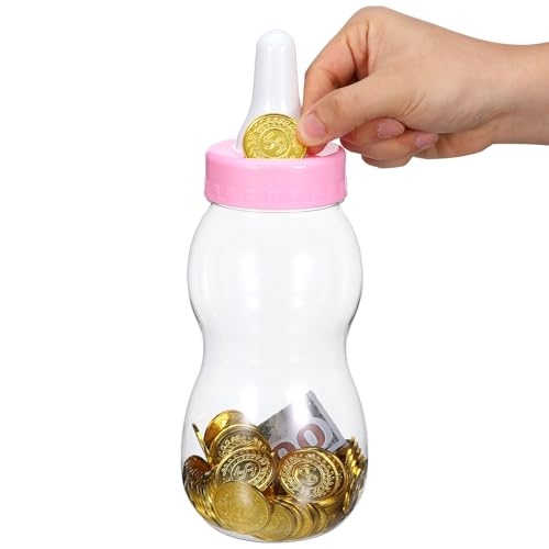 Image of Housoutil 11 Inch Baby Bottle Piggy Bank, Clear Large Plastic Baby Bottle Bank, Cute Transparent Coin Savings Box, Birthday Party Candy Jar Container for Boys Girls (Pink)