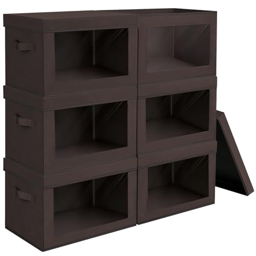 Homsorout Stackable Storage Bins with Lids - Large Storage Box with Lids, Foldable Closet Boxes for Organizing, Wardrobe Clothes Organizer with Window, Cubes Bins for Living Room, 6 Pack, Brown