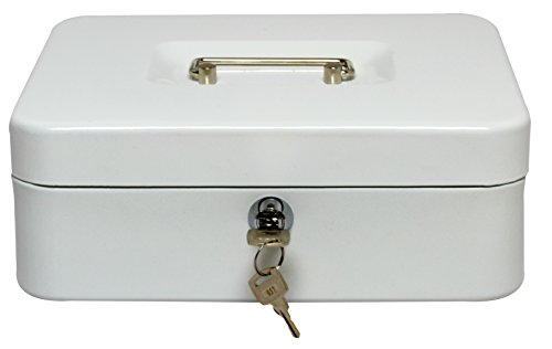 Royal Brands Cash Box with Key Lock, Portable Metal Storage Box, Money Box w/Double Layer 2 Keys for Security, Festivals, Fundraisers, Garage/Yard Sales (White, L 10x8x3.5 in)