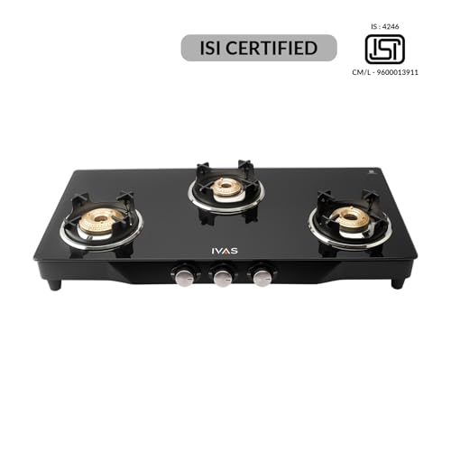 Image of IVAS Ultraflame 3 Burner Premium Glass Cooktop | ISI Certified | Diamond Cut Design |Thick Toughened Glass |Sturdy Pan Support | Safety, Reliability, High Efficiency | 5 years warranty on Glass