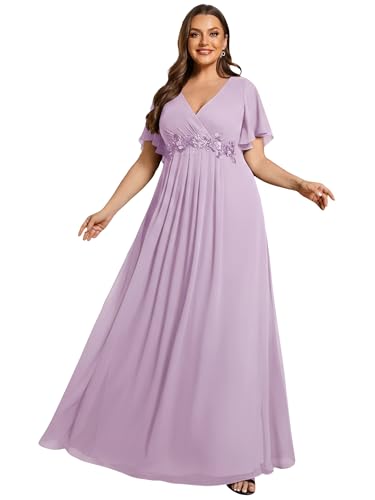 Image of Ever-Pretty Short Sleeves V Neck Plus Size Formal Dresses for Curvy Women Chiffon Mother of The Bride Dress Evening Gowns
