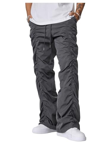 OYOANGLE Men's Elastic Drawstring Waist Ruched Pants Y2K Parachute Pants with Pocket Streetwear