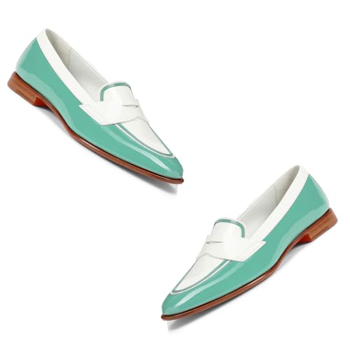 Image of Women Patent Slip On Loafer Flats Two Tone Round Toe Flat Heel Penny Loafers Casual 1 inch Low Heel Loafer Dress Shoes Oxford Comfort Chic Colorblock Office Ladies 4-11 M US