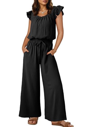QUNERY Mono Corto Mujer Verano Elegante Cuello Cuadrado Jumpsuit Mujer Mono Informal con Cordón y Bolsillos B-Negro L