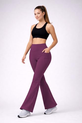 Image of Women's High Waist Bootcut Yoga Pants with Side Pockets | Flared Gym Leggings for Women | Stretchable Workout Bell Bottom Tights for Yoga, Gym, Running & Casual Wear Pack of 2