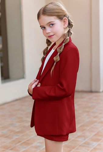 Image of Batermoon Girls 2 Piece Outfits Button Front Long Sleeve Blazer and Short Pants Suit Sets 4-14 Years