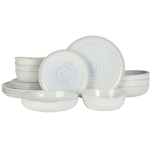 Image of Gibson Elite Auckland Blue Swirl Stoneware Reactive Glaze 16 Piece (Service for 4) Plates and Bowls Dinnerware Set