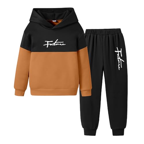 Image of Nivne Tco Toddler Boy Clothes-Letter Print Color Block Warm Hoodie & Sweatpants-Little Boys Winter Outfit Size(3-7 T)