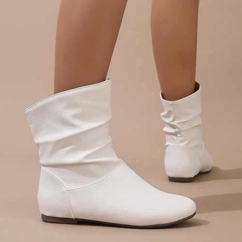 Women's Leather Slouchy Flat Ankle Boots Comfortable Round Toe Casual Pull On Booties Fall Winter Fashion Low Heel Short Boots3