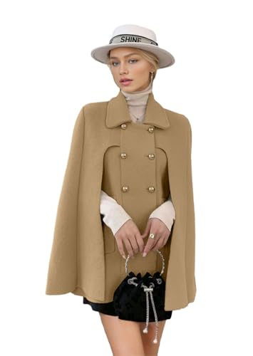 CHARTOU Women's Elegant Poncho Double-Breast Slit Sleeve Flowy Wool Blend Cape Cloak Coat3