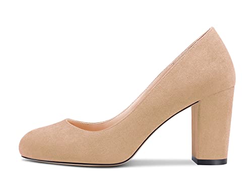 HEUIVZAR Women Pumps Round Toe Block Chunky Mid Heel Slip-on Dress Shoes Suede 3 Inch2