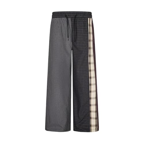 Men's Pants Spring Summer Plaid Patchwork Elastic Waist Wide Leg Casual Trouser for Men