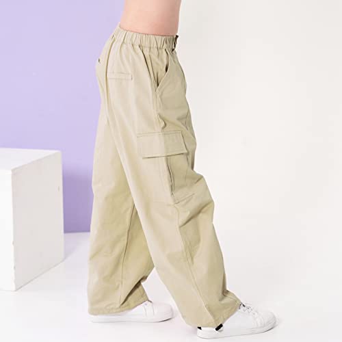 Image of Rolanko Girls Cargo Pants Wide Leg Streetwear Kids Pants with Pockets Trendy Jogger Trousers 4-14 Years