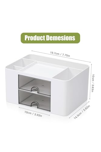 Image of Desk Organizer with 2 Drawers | Multi-Functional Stationery Holder for Office, Study Table, Home | 5 Compartment Pen, Pencil, Marker Storage Box for School & Art Supplies (White)