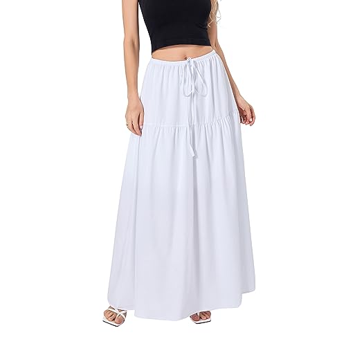 Women Loose A-Line Maxi Skirt Solid Color Casual Summer Elastic Drawstring Skirt Dress Beaches Club Streetwear